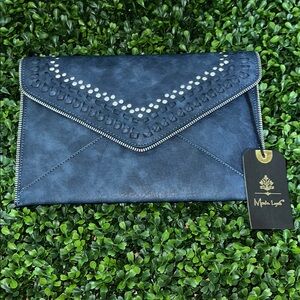 NWT Moda Luxe Stylish Dark Blue Envelope Clutch Purse with silver chain